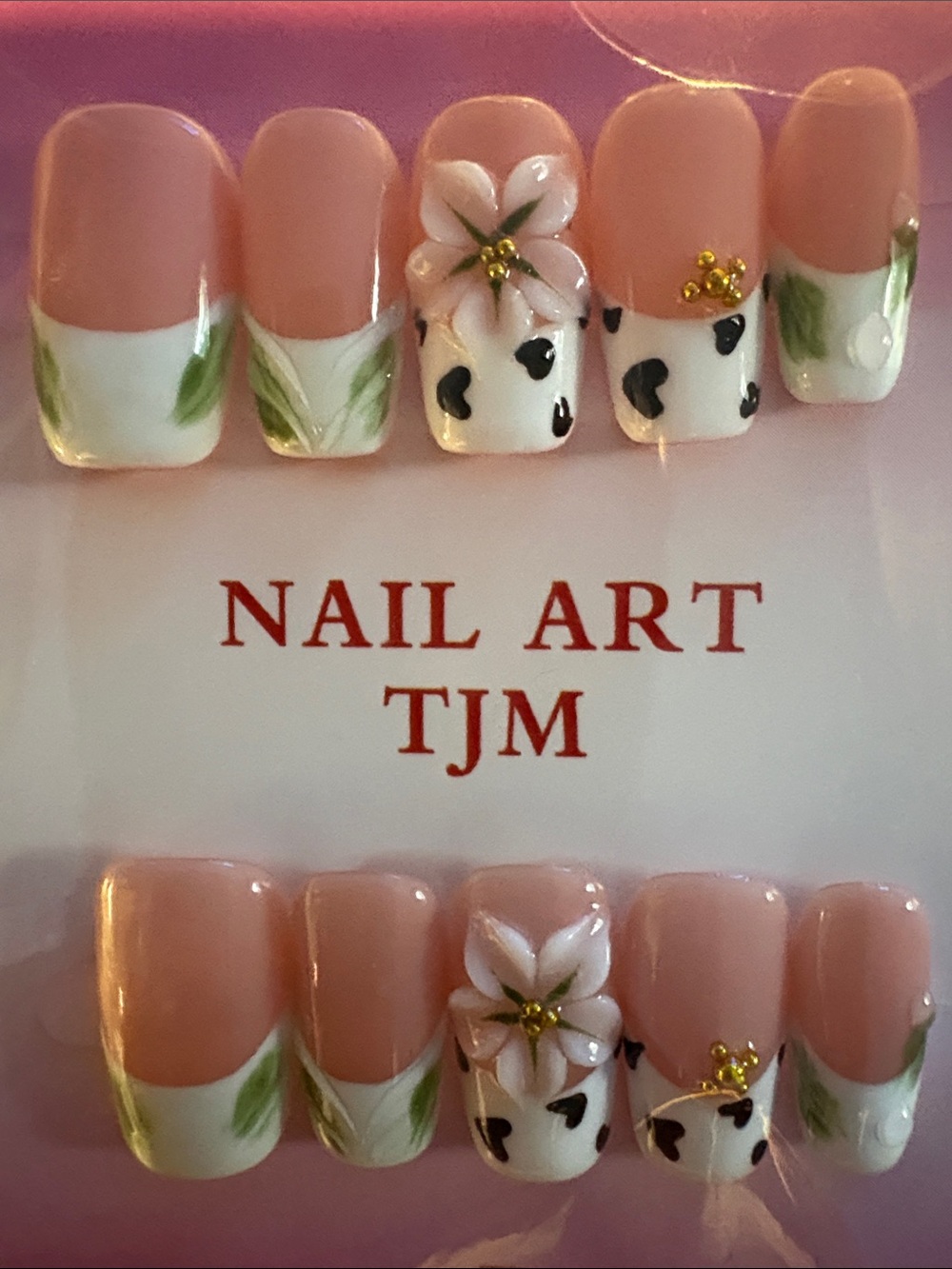 Nude White Green Floral Press-On Nails with 3D Flowers